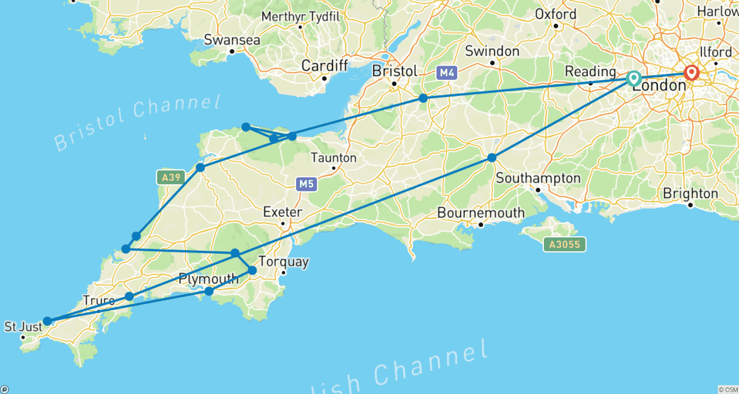 Mapa do percurso de O Melhor de Devon e Cornwall (Sem Pernoites em Londres)