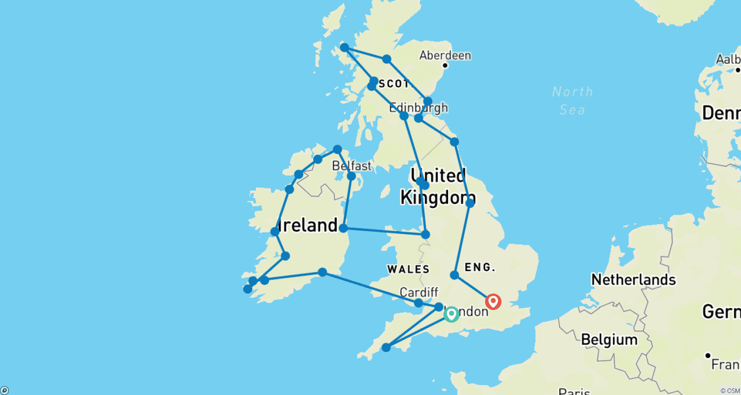 Mapa trasy: Wspaniałość Wielkiej Brytanii i Irlandii (bez noclegów w Londynie)