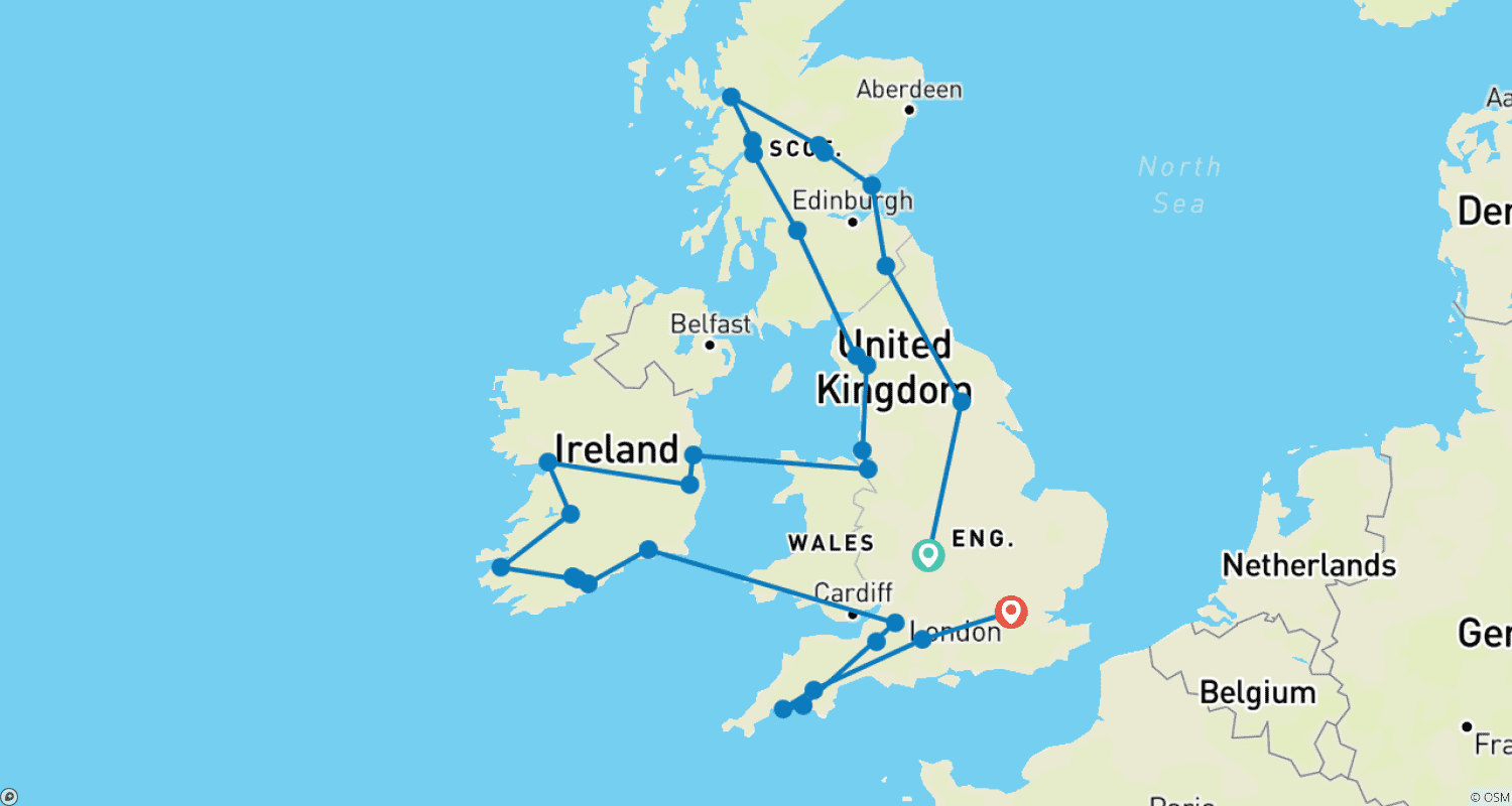 Mapa trasy: Panorama Wielkiej Brytanii i Irlandii (Bez noclegów w Londynie)