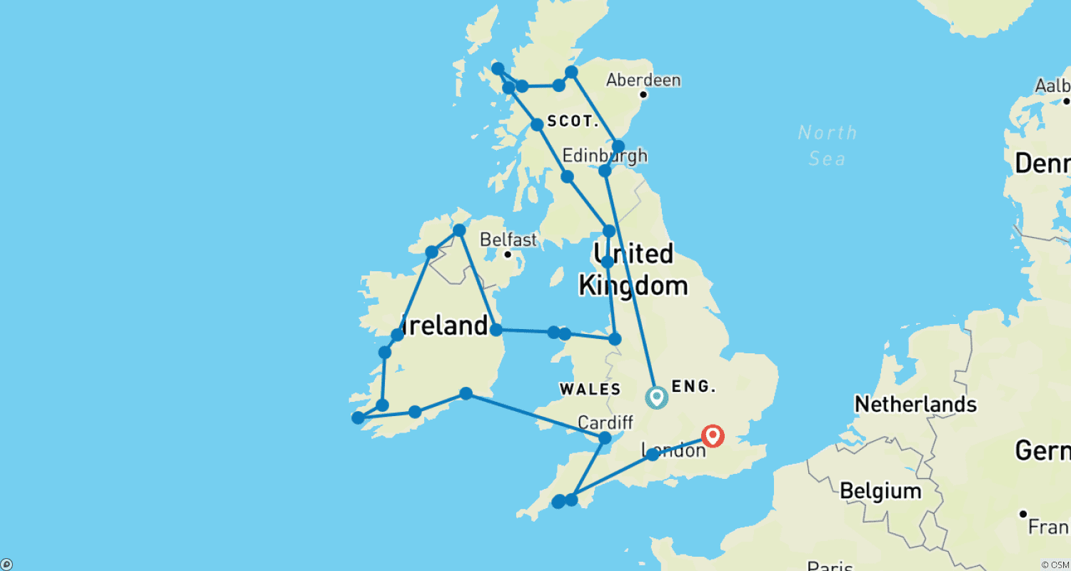 イギリスとアイルランドの壮大な旅（ロンドンでの宿泊なし）のルートマップ