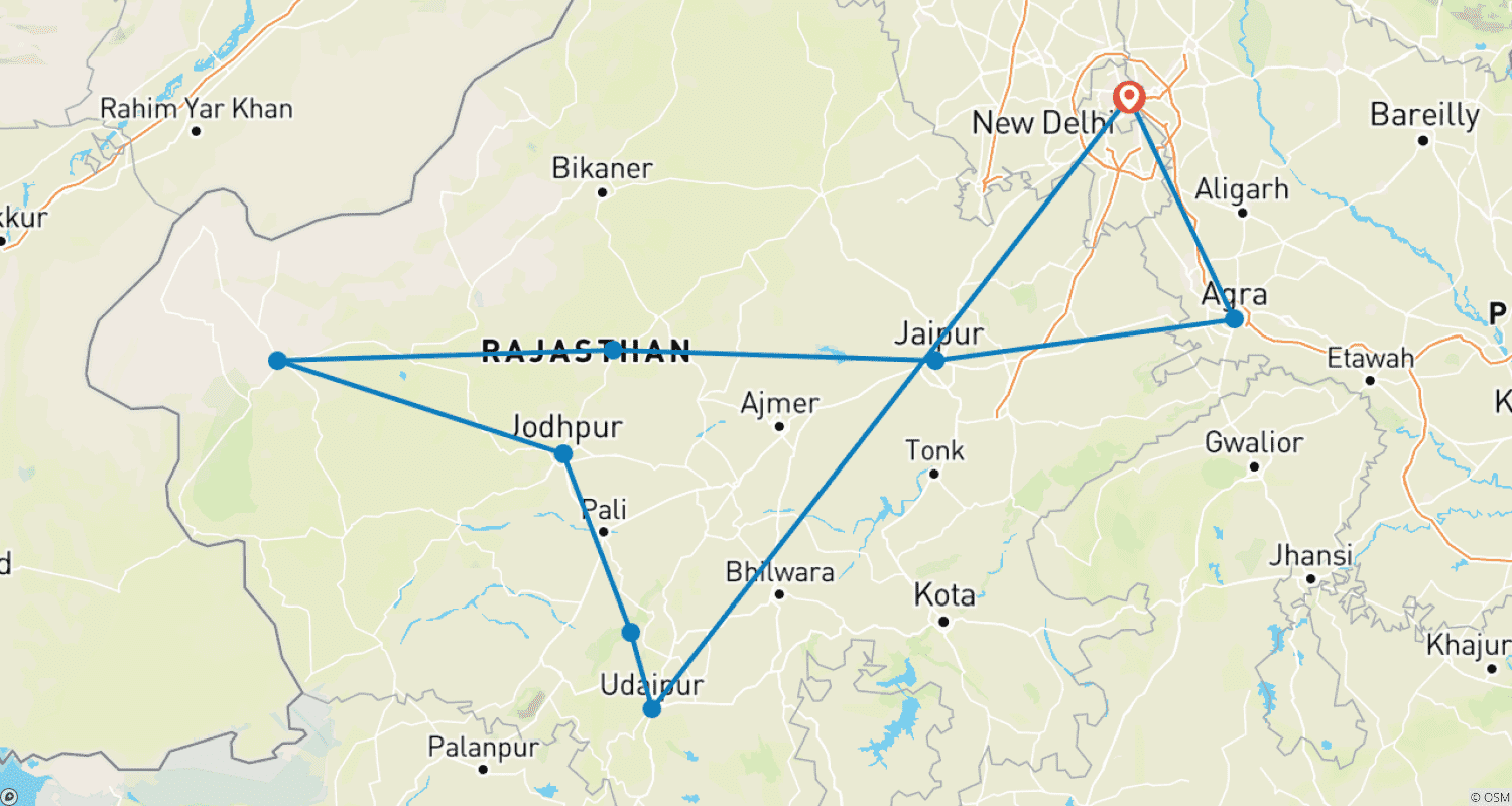 Mapa do percurso de Rajastão Imperial (Pequenos Grupos, Termina em Nova Deli)