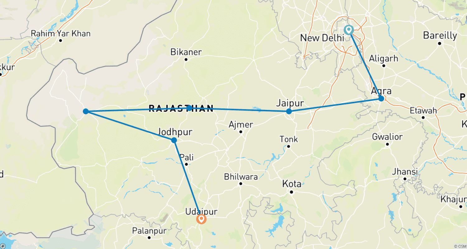 Mapa do percurso de Rajastão Imperial (Pequenos Grupos, Termina em Udaipur)