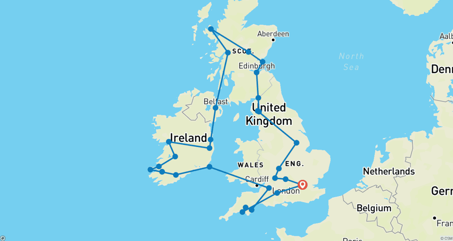 Mapa do percurso de Grã-Bretanha e Irlanda Românticas (Pequenos Grupos, Verão, 18 Dias)