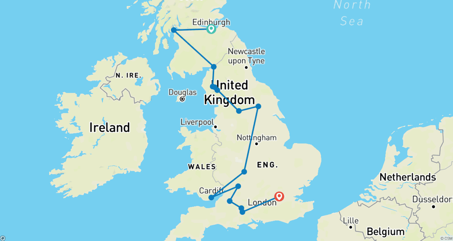 Mapa do percurso de Elegância da Grã-Bretanha (Pequenos Grupos, Verão, Início em Edimburgo, 11 Dias)