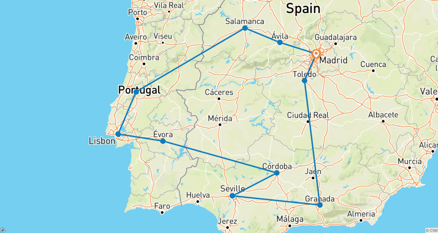 Mapa do percurso de Espanha e Portugal Incríveis (Clássico, Verão, 9 Dias)
