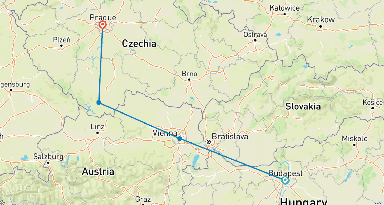 Mapa do percurso de Ritmo Leve: Budapeste, Viena e Praga (Clássico, Verão, 10 Dias)