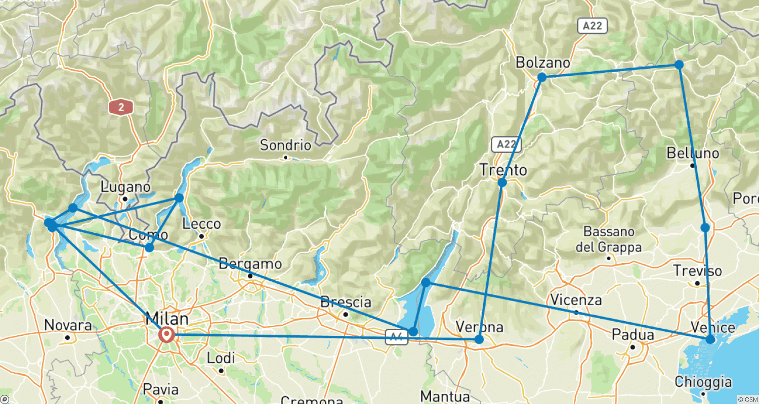 Mapa do percurso de Caminhos Rurais do Norte da Itália (Grupo Clássico)