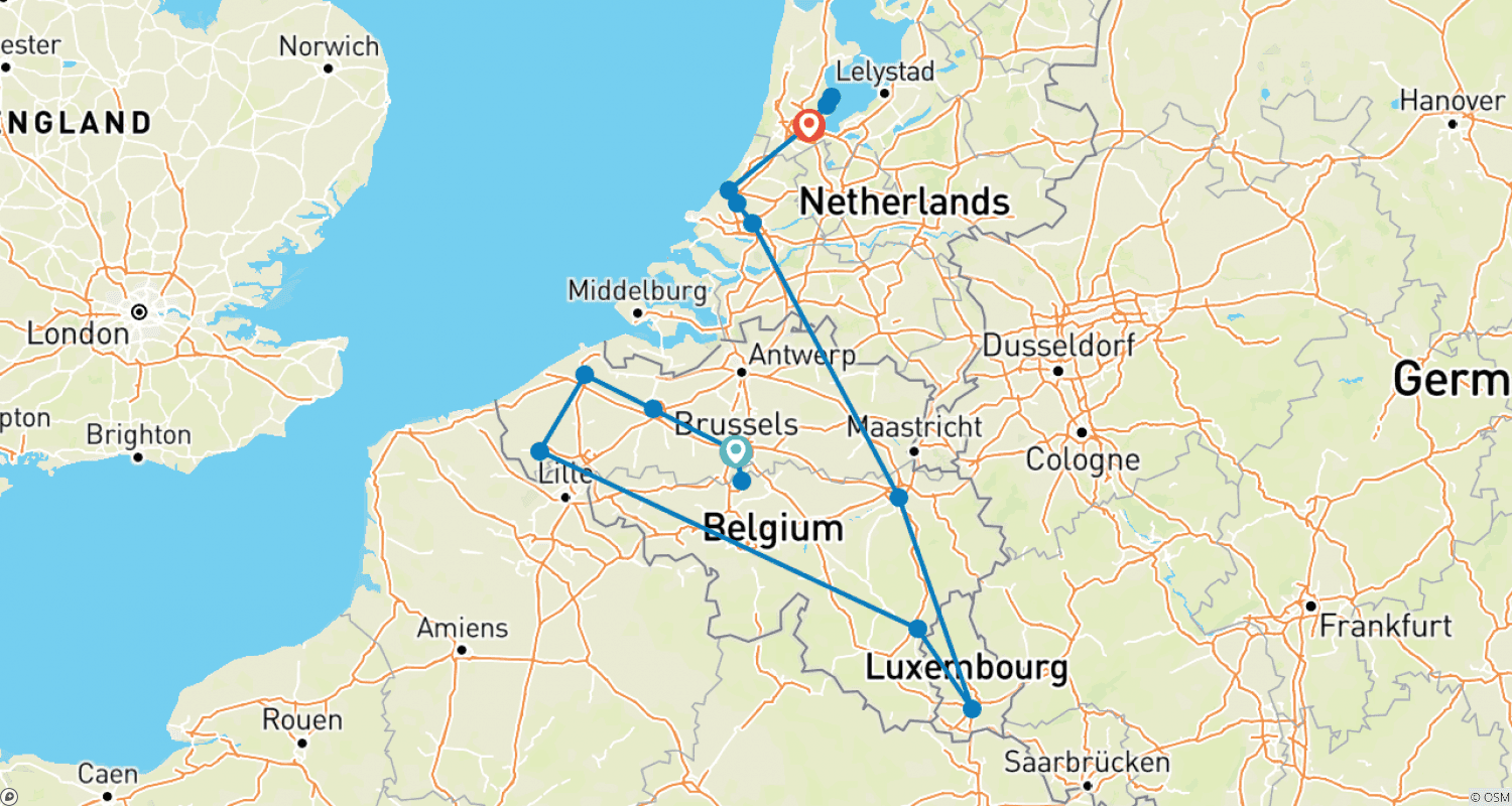 Mapa do percurso de Estradas Rurais da Bélgica, Luxemburgo e Países Baixos (Clássico, Verão, 11 Dias)