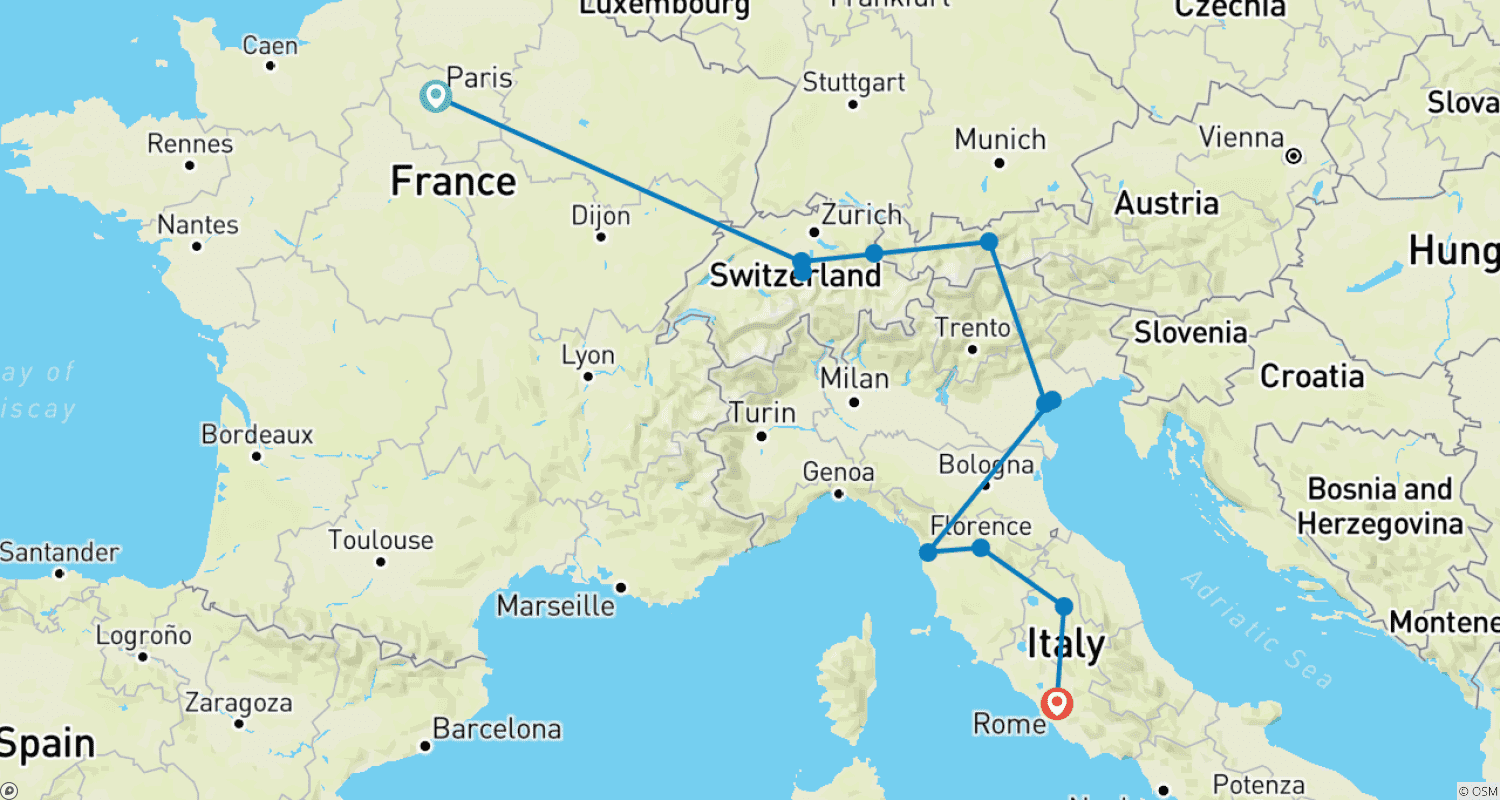 Mapa do percurso de Estrada para Roma (Pequenos Grupos, Início em Paris)