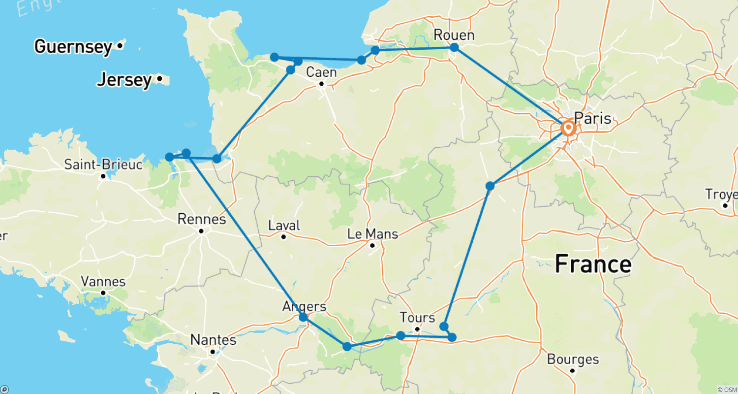 Mapa trasy: Normandia, Bretania i Dolina Loary