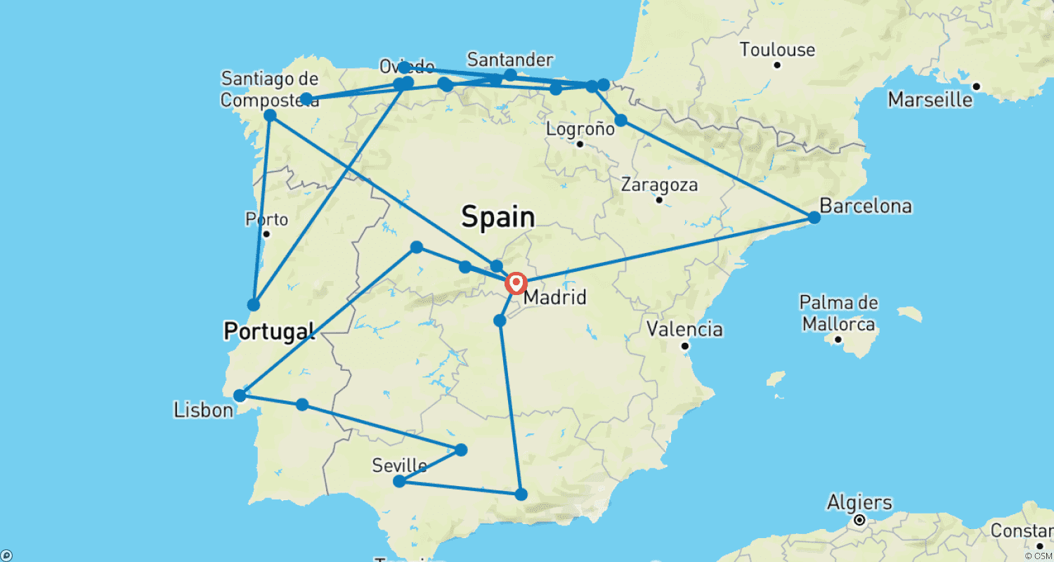 Mapa do percurso de Grande Espanha e Portugal (Clássico, Termina em Madrid)