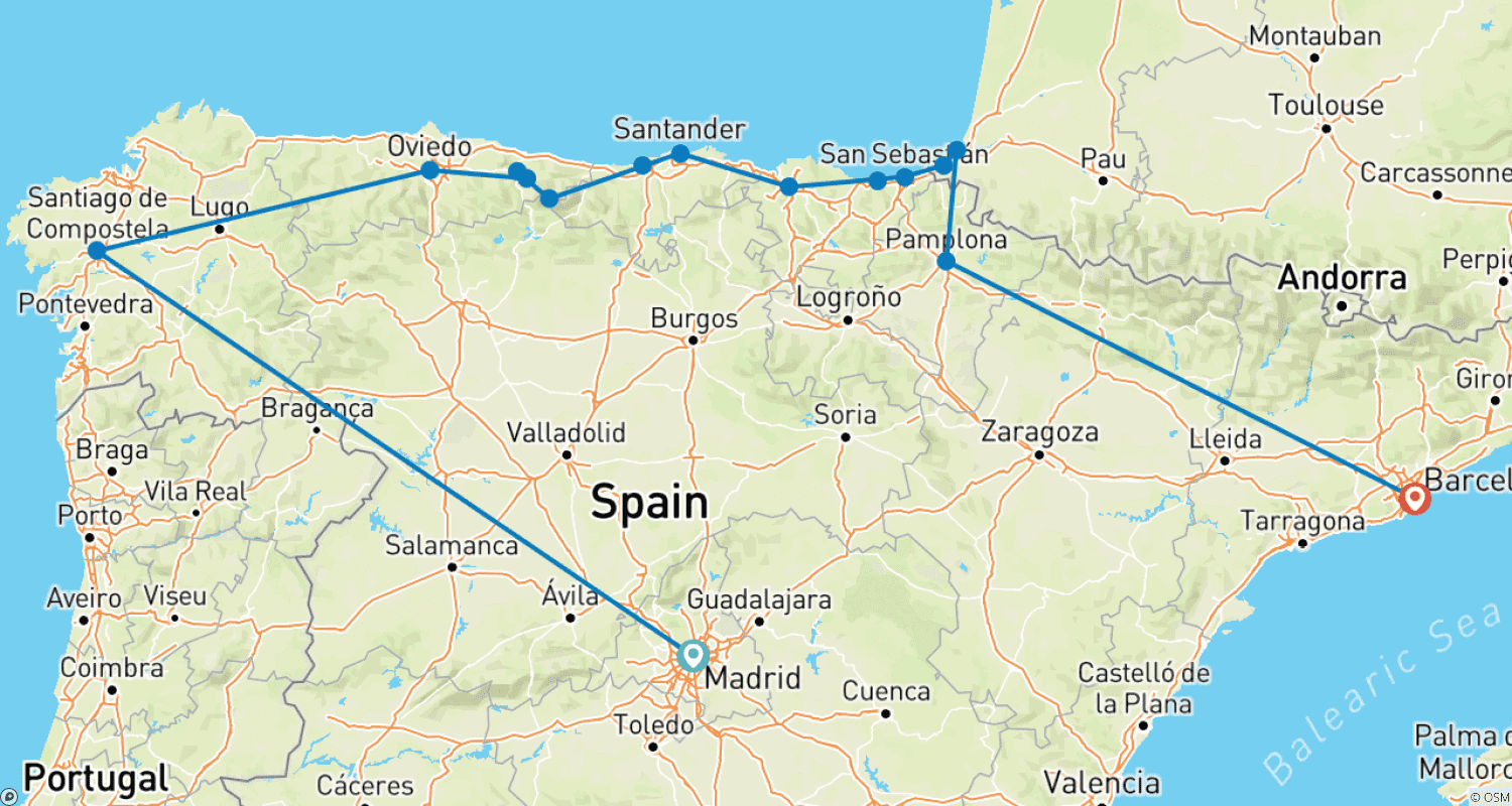 Mapa do percurso de Norte da Espanha (Clássico, Término em Barcelona)
