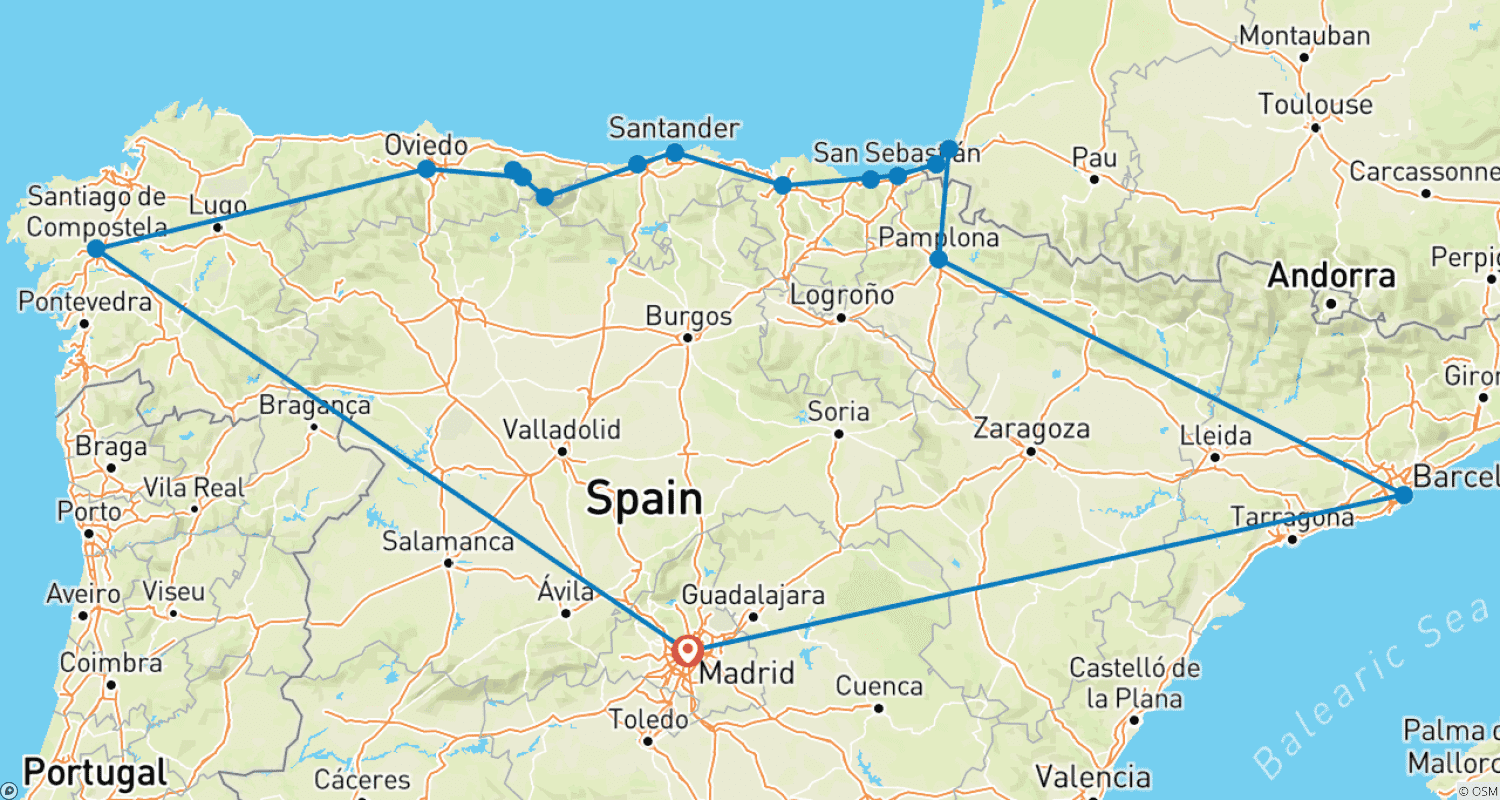 Mapa trasy: Północna Hiszpania (Klasyczna, Zakończenie w Madrycie)