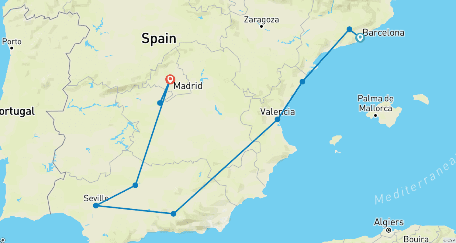 Mapa do percurso de Destaques da Espanha (Clássico)