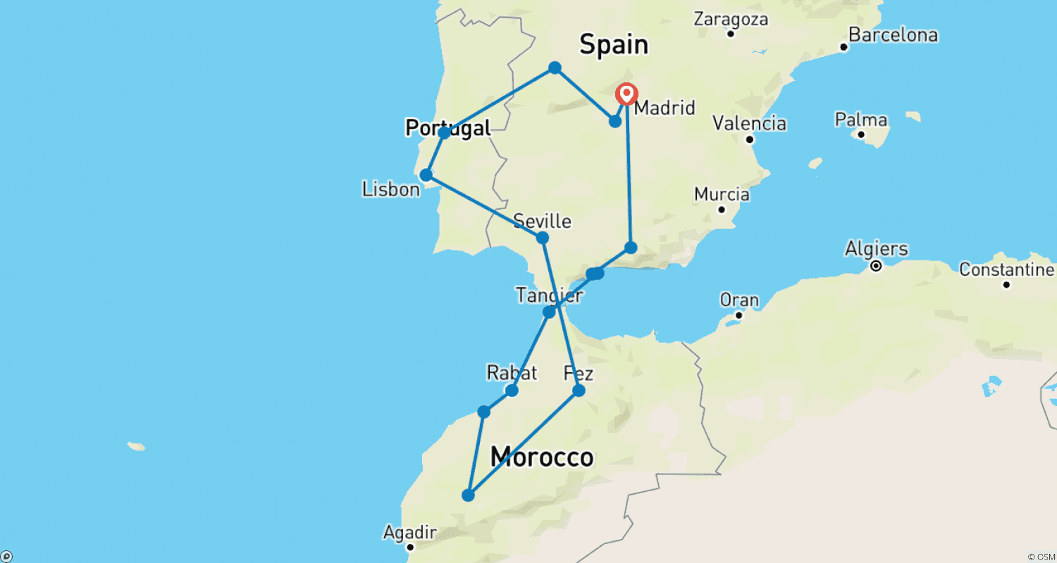 Mapa do percurso de Tesouros de Espanha, Portugal e Marrocos (Clássico, 17 Dias)