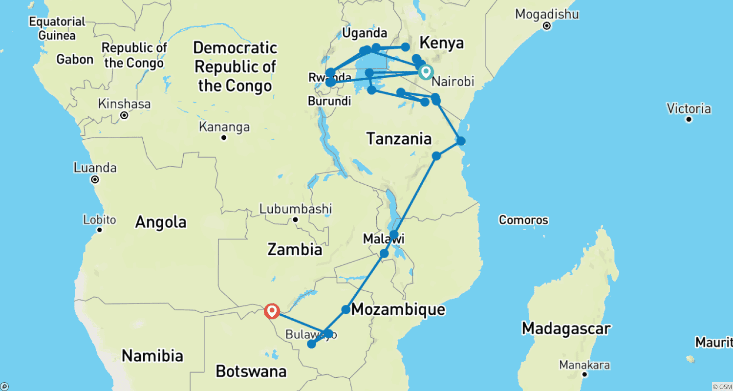 Mapa do percurso de Nairobi às Cataratas Vitória (54 Dias) Macacos e Lagos