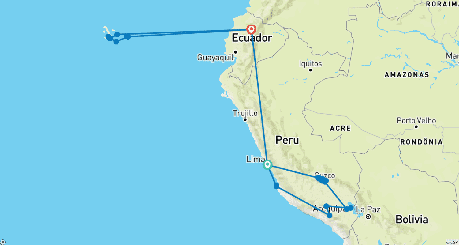 Mapa do percurso de Peru e Galápagos: Explorador