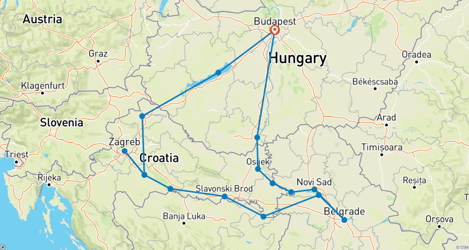 Mapa do percurso de Uma viagem entre a Europa Central e os Bálcãs - Lago Balaton, o autêntico Sava e o majestoso Danúbio (cruzeiro de porto a porto)