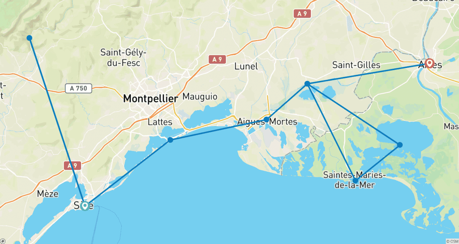 Mapa do percurso de Um Sabor do Mediterrâneo: Um Cruzeiro pelo Coração da Provença e da Região da Camargue (cruzeiro de porto a porto)