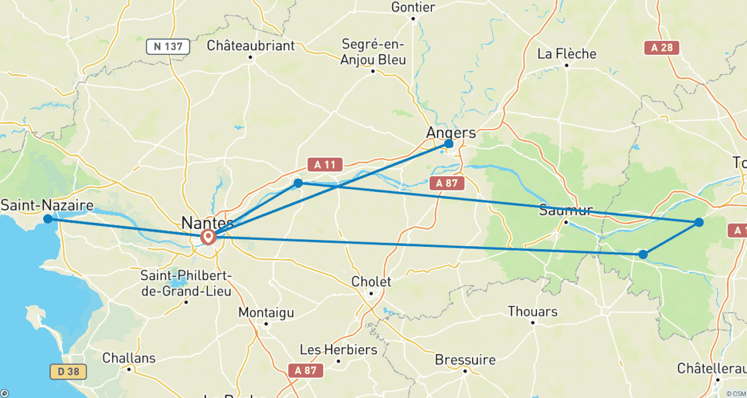 Mapa do percurso de Natal no Loire (cruzeiro de porto a porto)