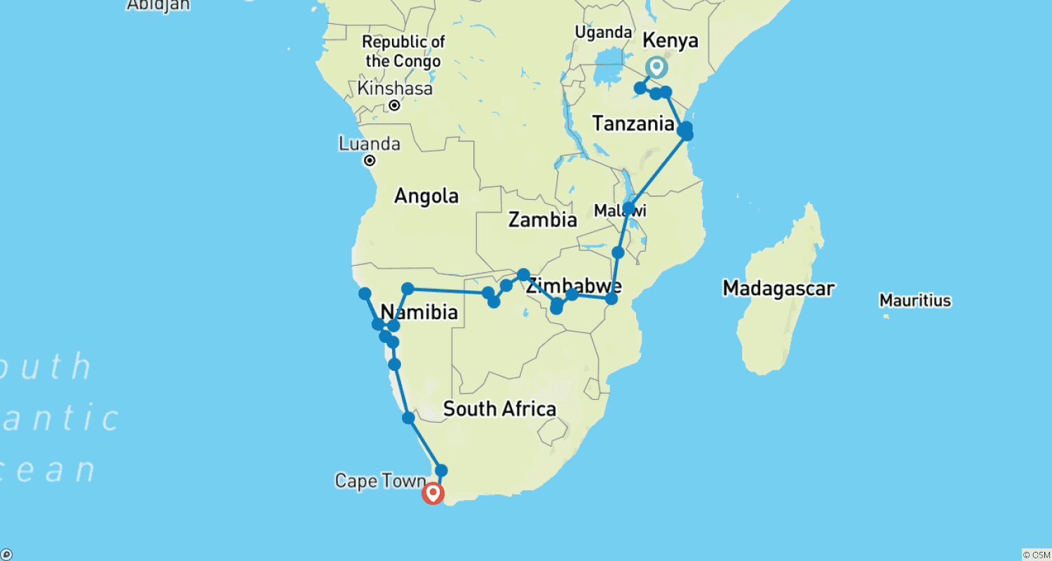 Mapa do percurso de Nairobi a Cidade do Cabo (56 Dias) Costa a Costa