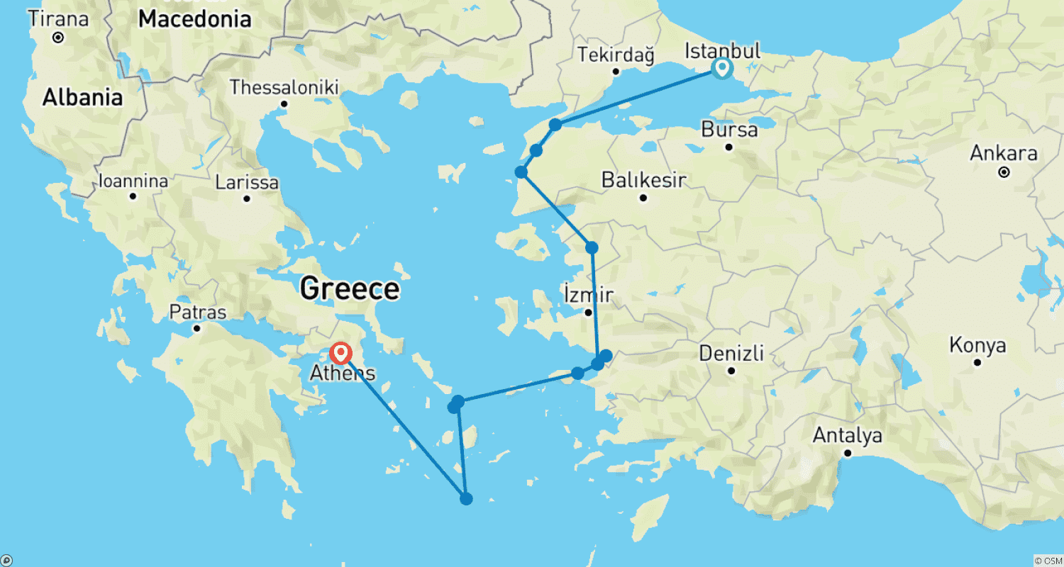 Mapa do percurso de Excursão de Constantinopla à Grécia