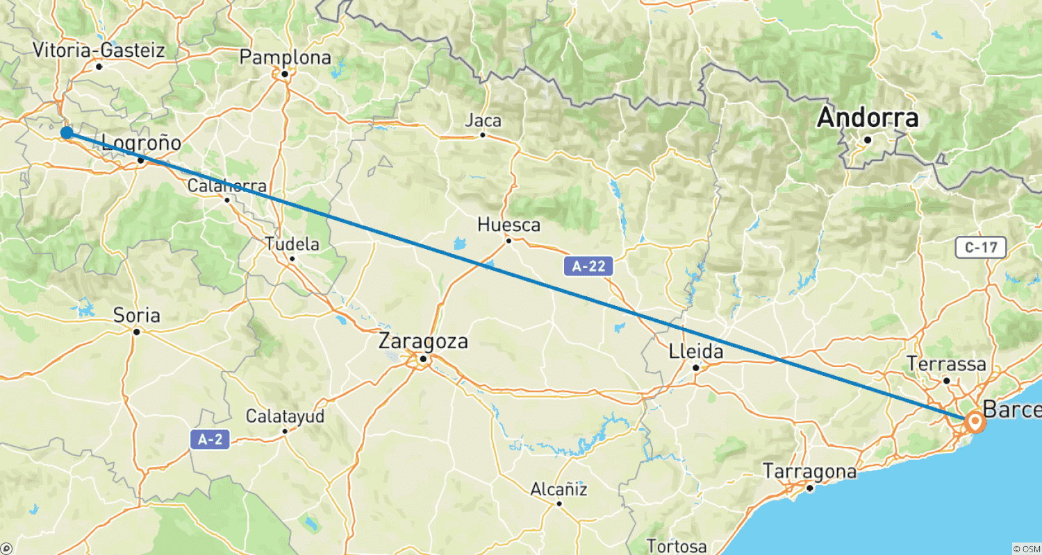 Mapa do percurso de Ônibus de Retorno: Barcelona para a Luta do Vinho de San Vino