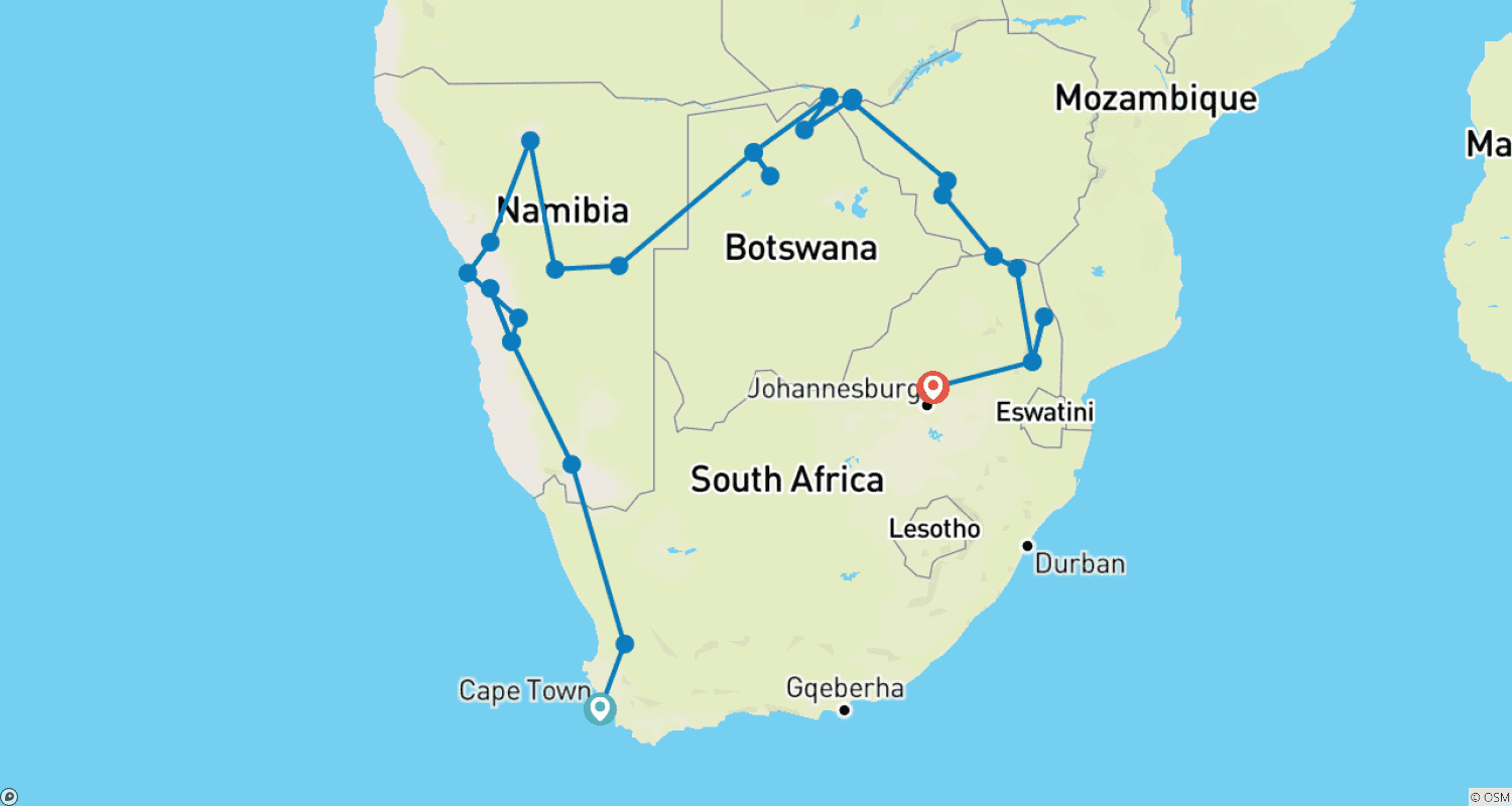 Mapa do percurso de 25 dias da Cidade do Cabo às Cataratas Vitória e Kruger (Com Alojamento)