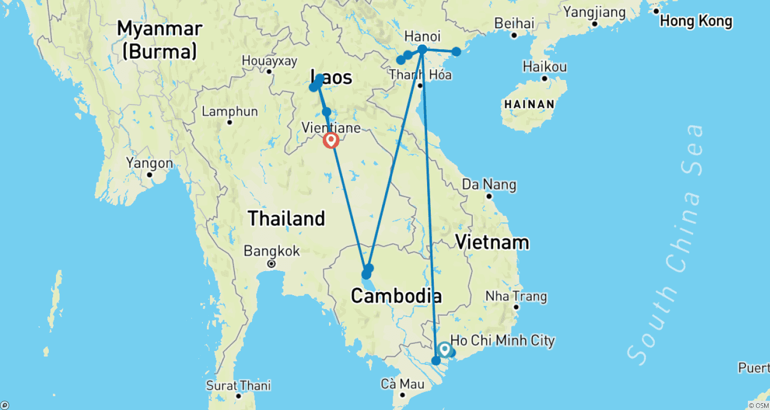 Mapa do percurso de Explorador da Indochina: Vietnã, Camboja e Laos em 15 Dias