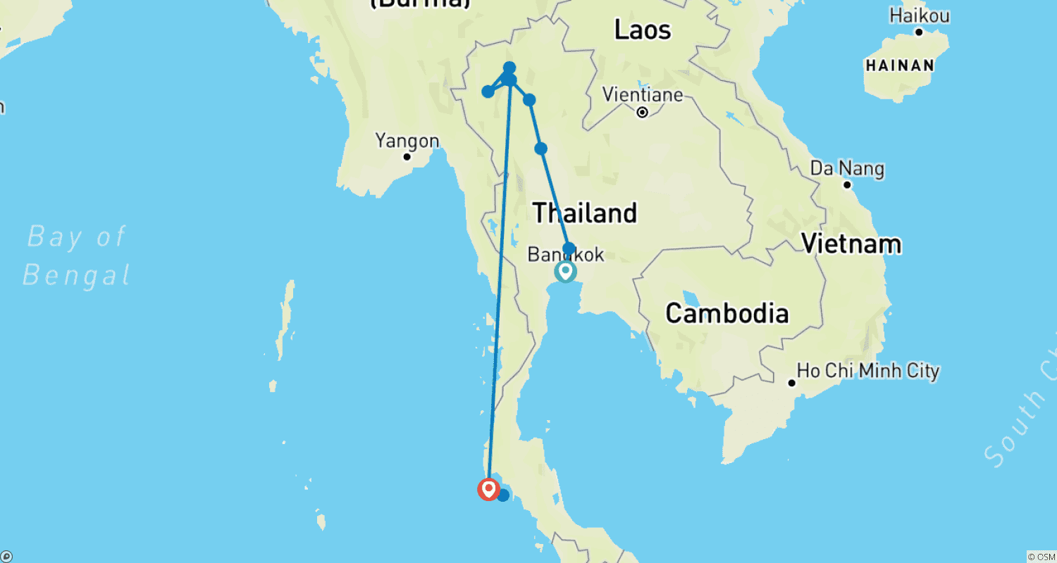 タイ文化と冒険ツアー：バンコクからプーケットへ15日間のルートマップ
