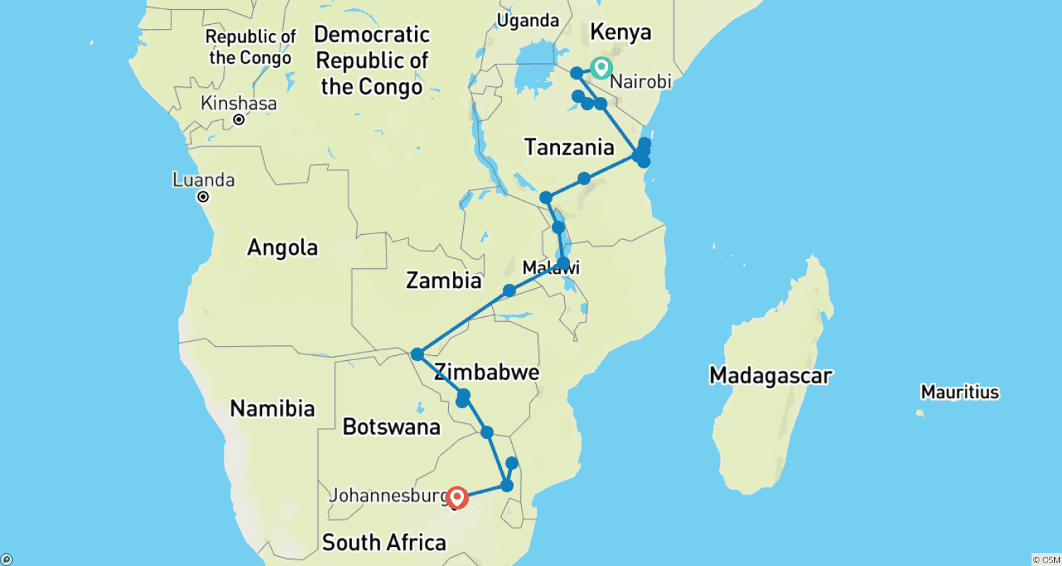 Mapa do percurso de 31 dias: Masai Mara às Cataratas Vitória e Kruger (Com Alojamento)