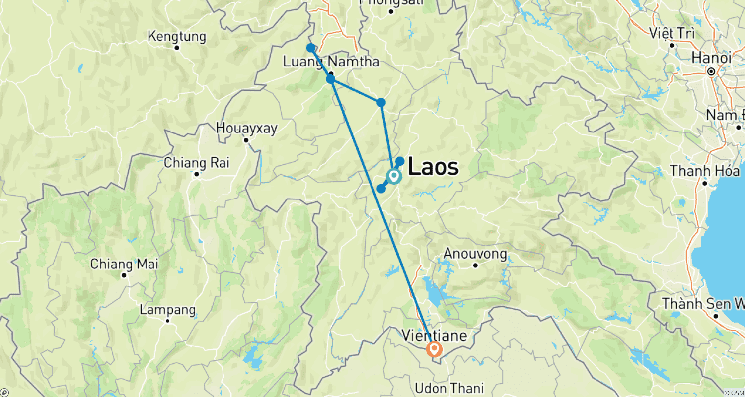 Mapa do percurso de Maravilhas Culturais e Naturais do Laos em 9 Dias