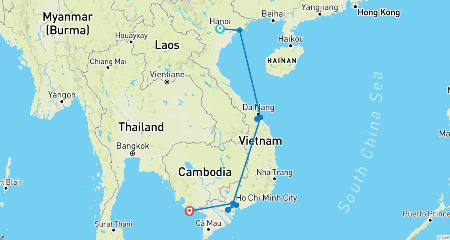 Mapa do percurso de Destaques do Vietnã e Ilha Phu Quoc - 14 Dias