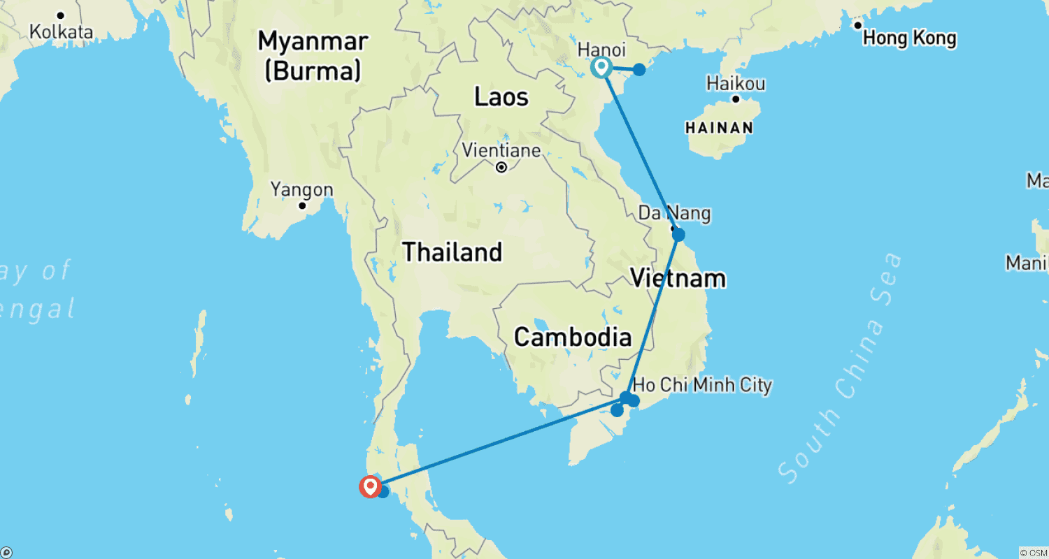 Mapa do percurso de O Melhor do Vietnã mais Phuket, Tailândia - 12 Dias