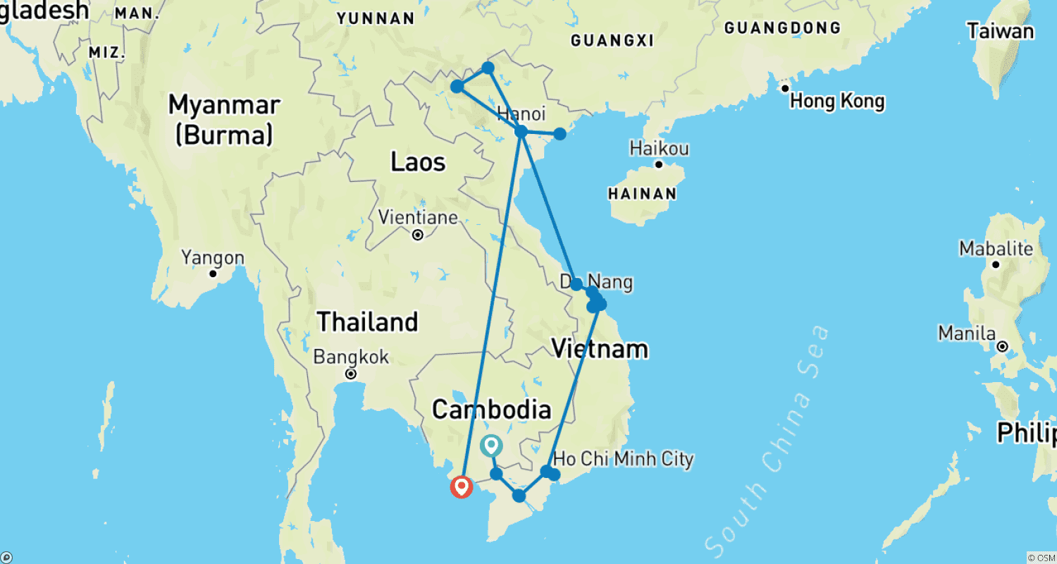 Mapa do percurso de Charme Costeiro e Aventura no Delta do Mekong: Tour de 18 Dias