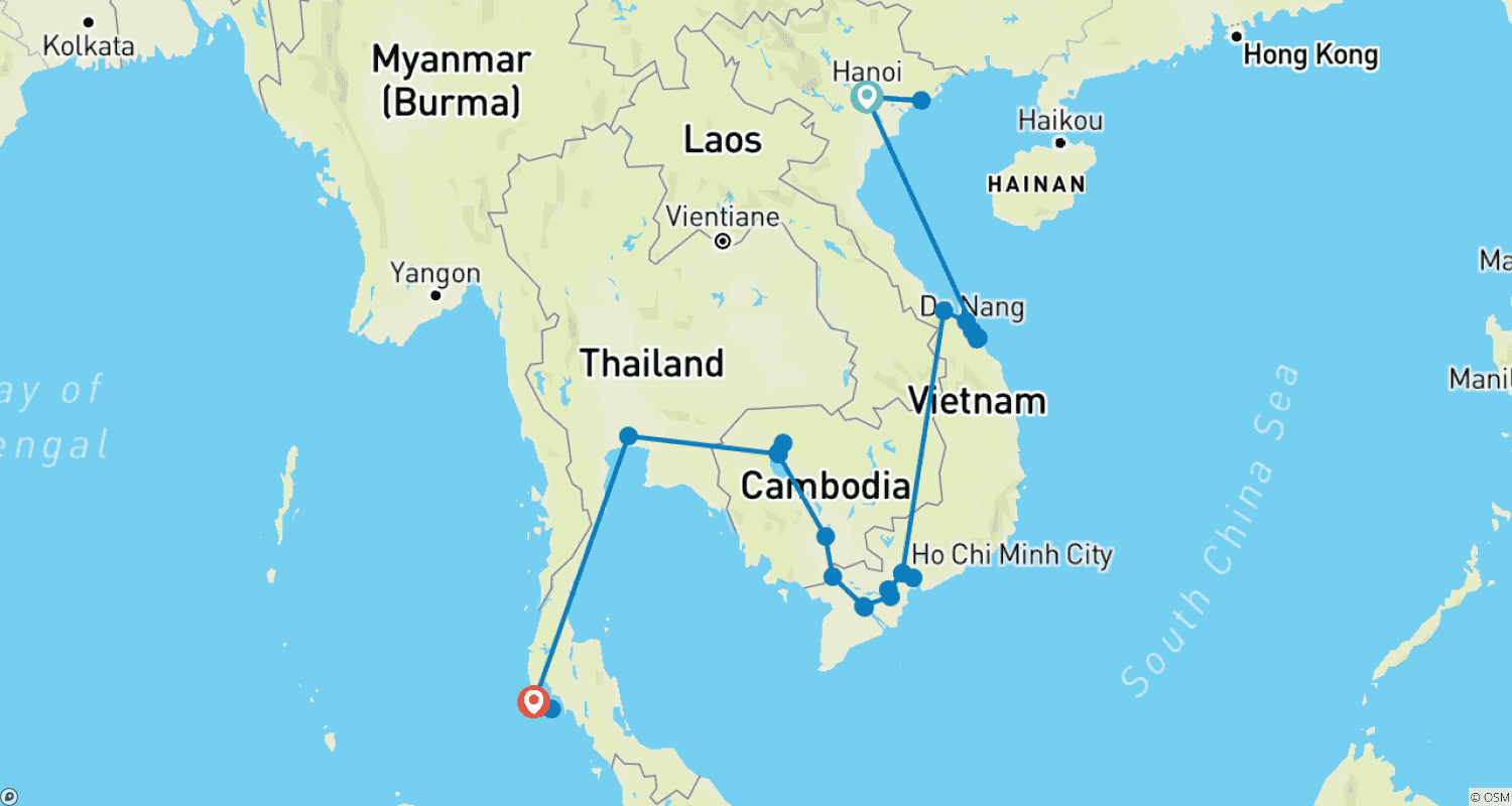 Mapa do percurso de Beleza Infinita do Vietnã, Camboja e Tailândia - 19 Dias