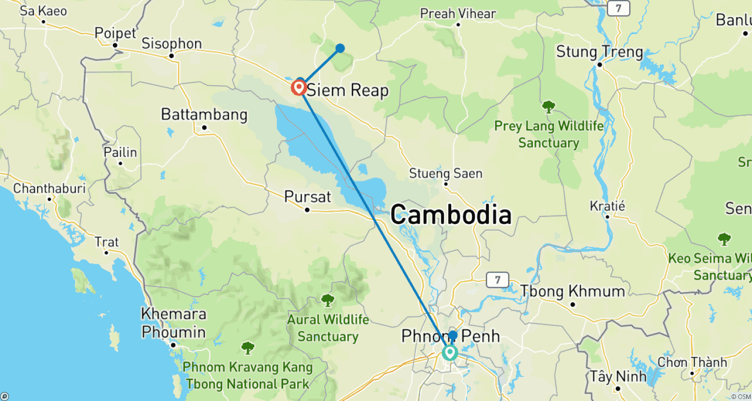 カンボジアの最高のハイライトを巡る6日間の家族旅行のルートマップ