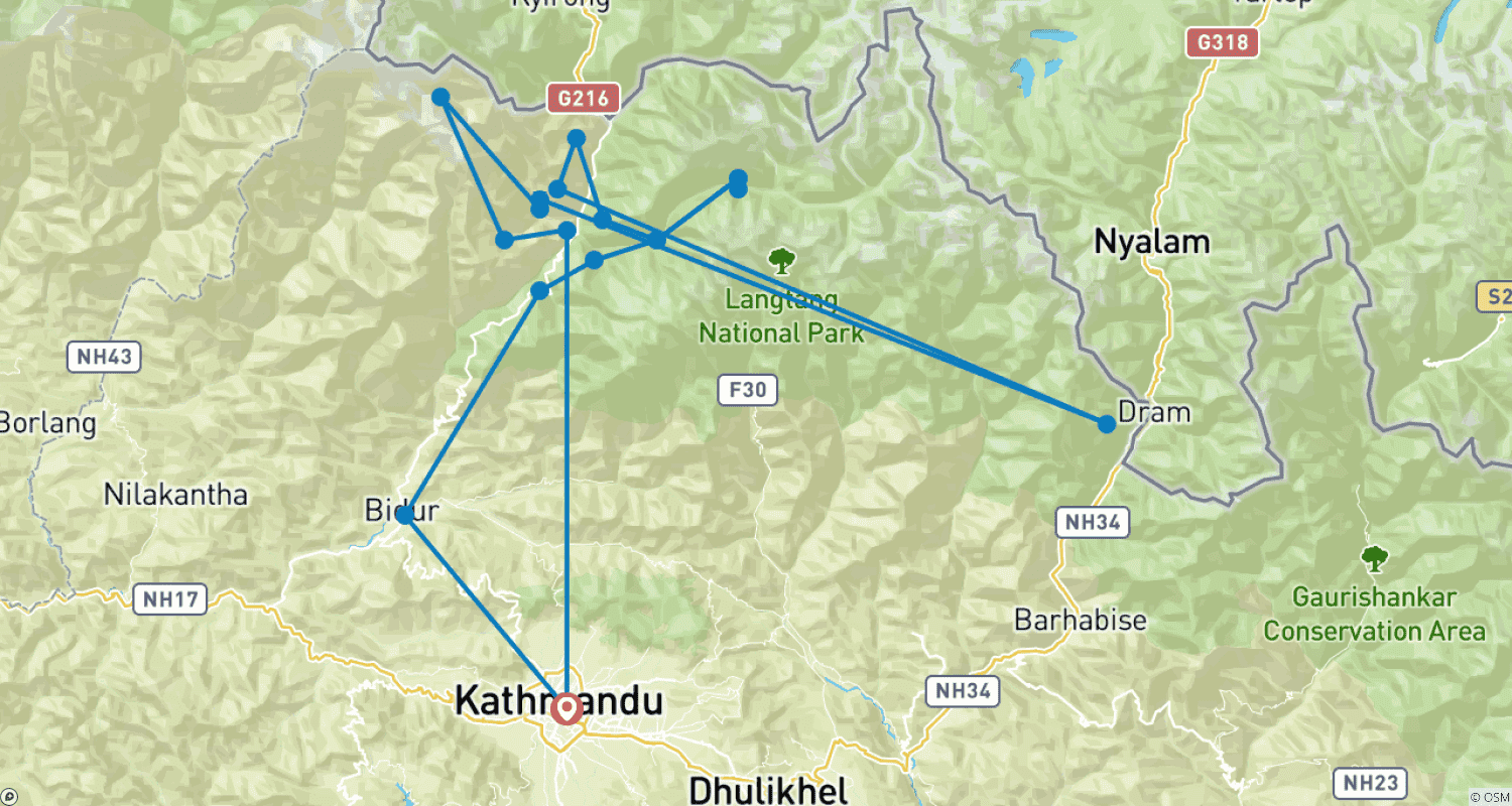 Mapa do percurso de Trekking pela Herança Tamang e Vale de Langtang
