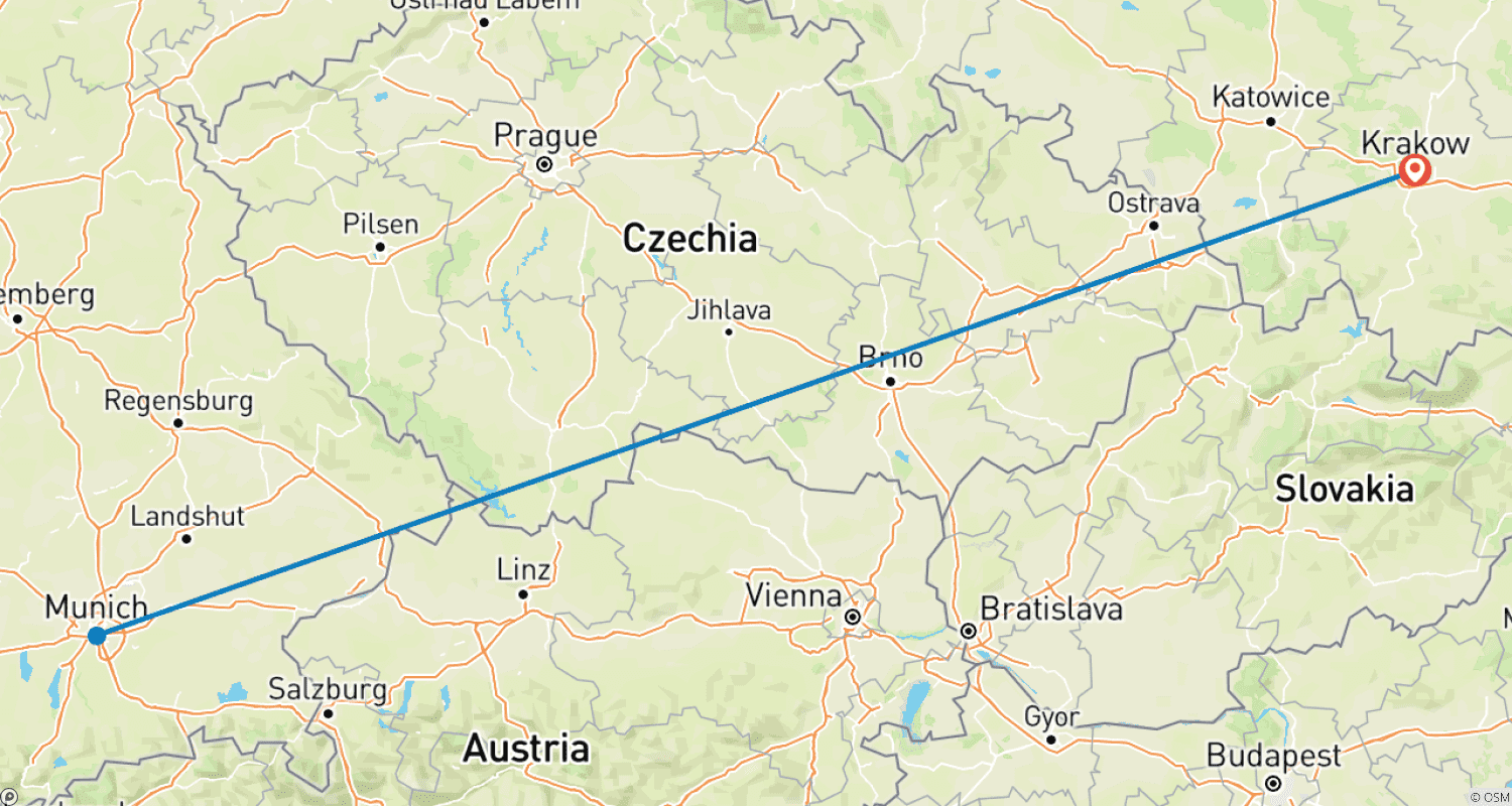 Mapa do percurso de Fim de Semana no Oktoberfest partindo de Cracóvia