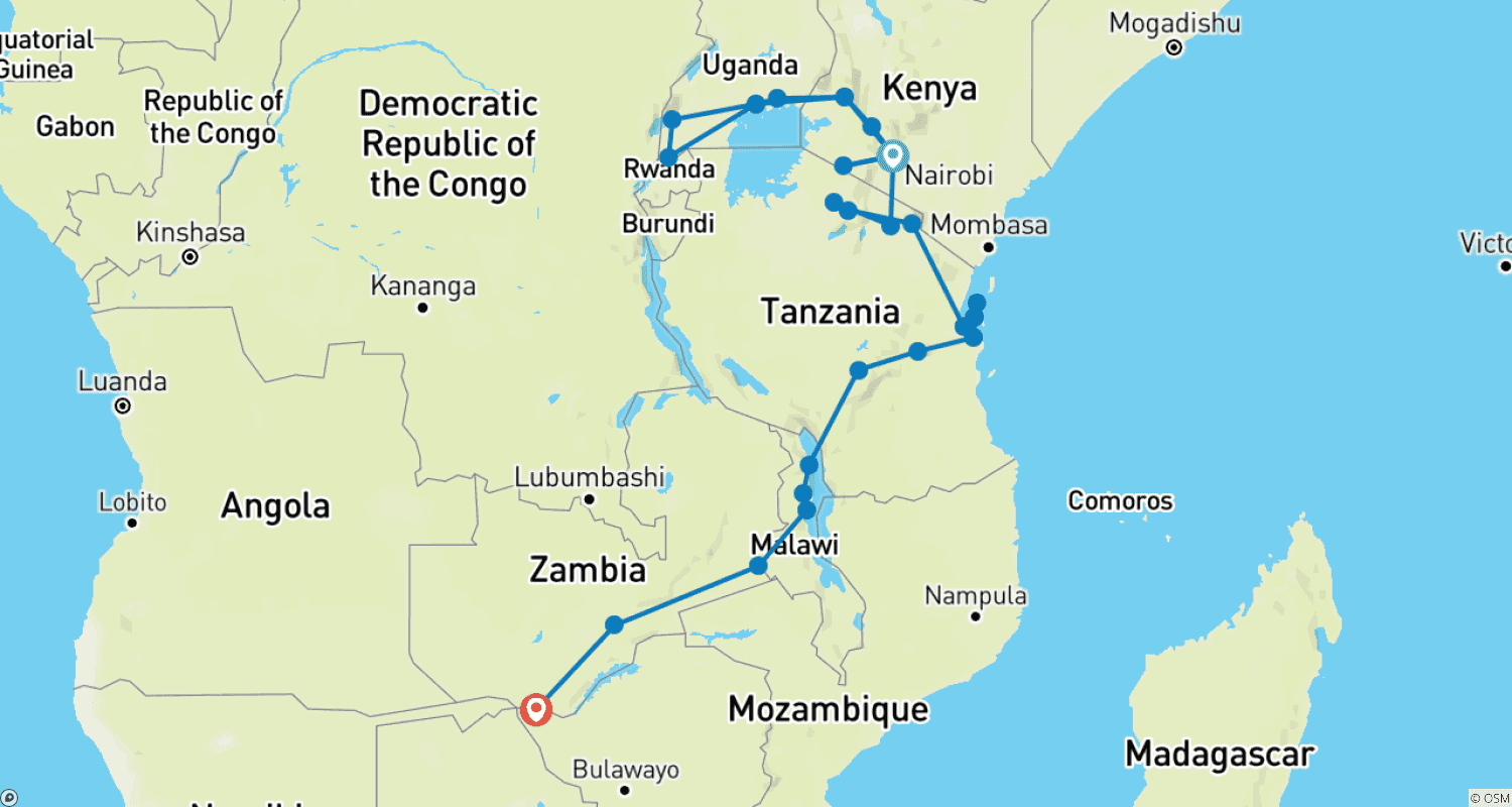 Mapa do percurso de 39 dias: Gorilas às Cataratas Vitória (Com Alojamento)