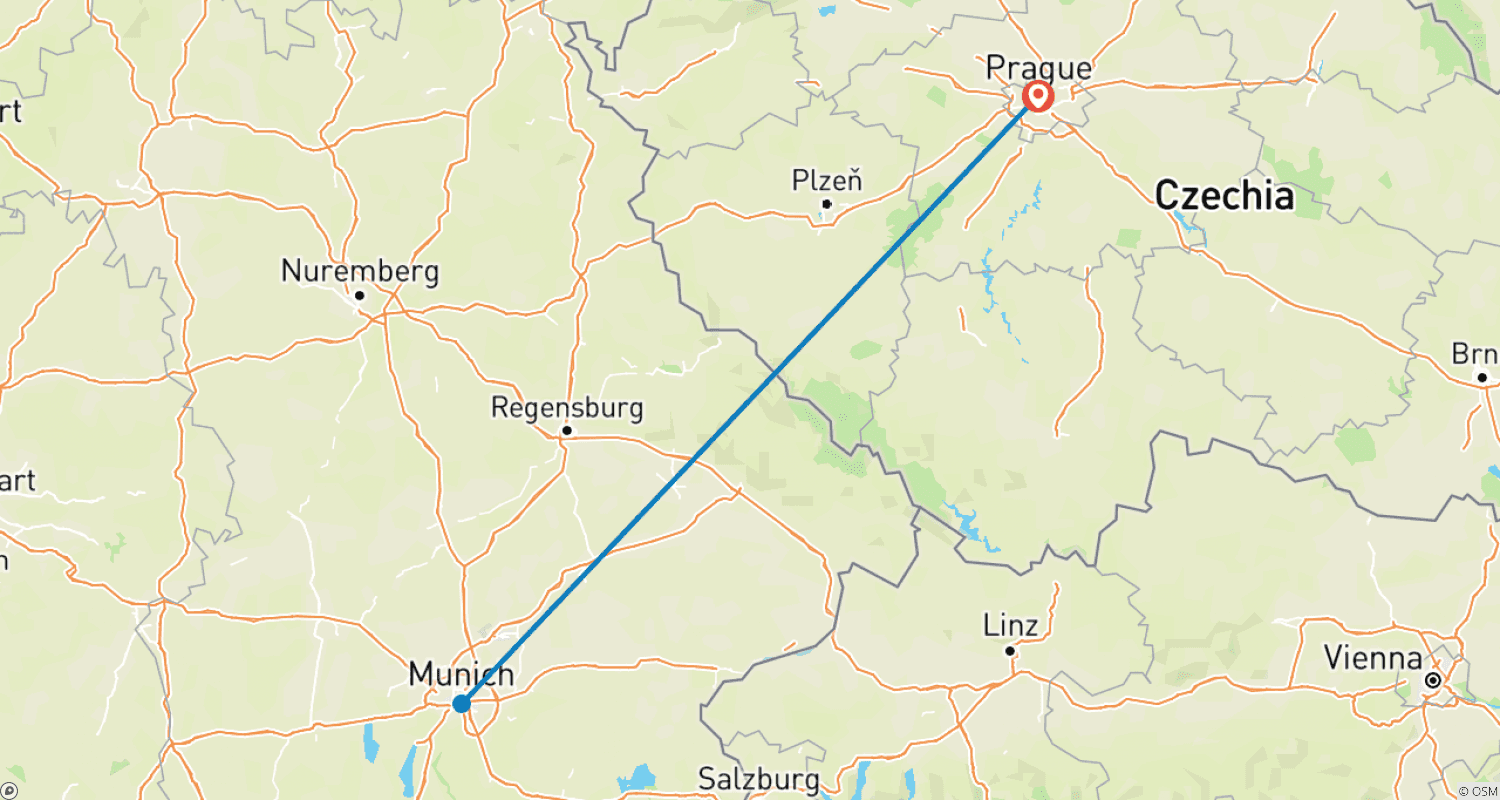 Mapa trasy: Weekendowy wyjazd z Pragi na Oktoberfest
