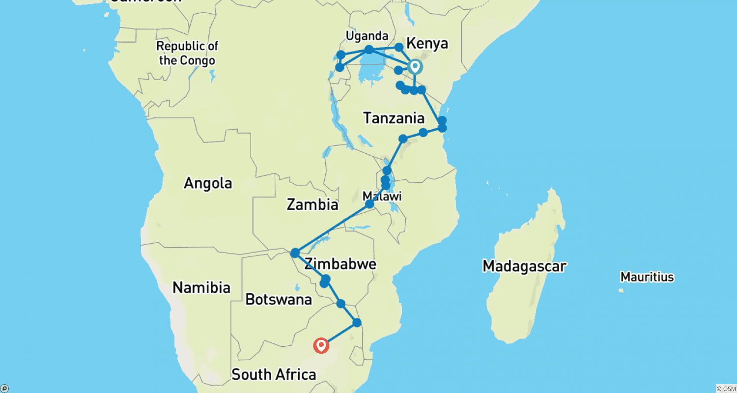 Mapa trasy: 46-dniowa wyprawa od goryli do Wodospadów Wiktorii i Kruger (z zakwaterowaniem)