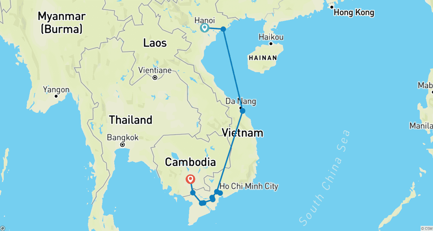 Mapa do percurso de Descoberta do Delta do Mekong: Excursão de 10 Dias pelo Vietnã e Camboja
