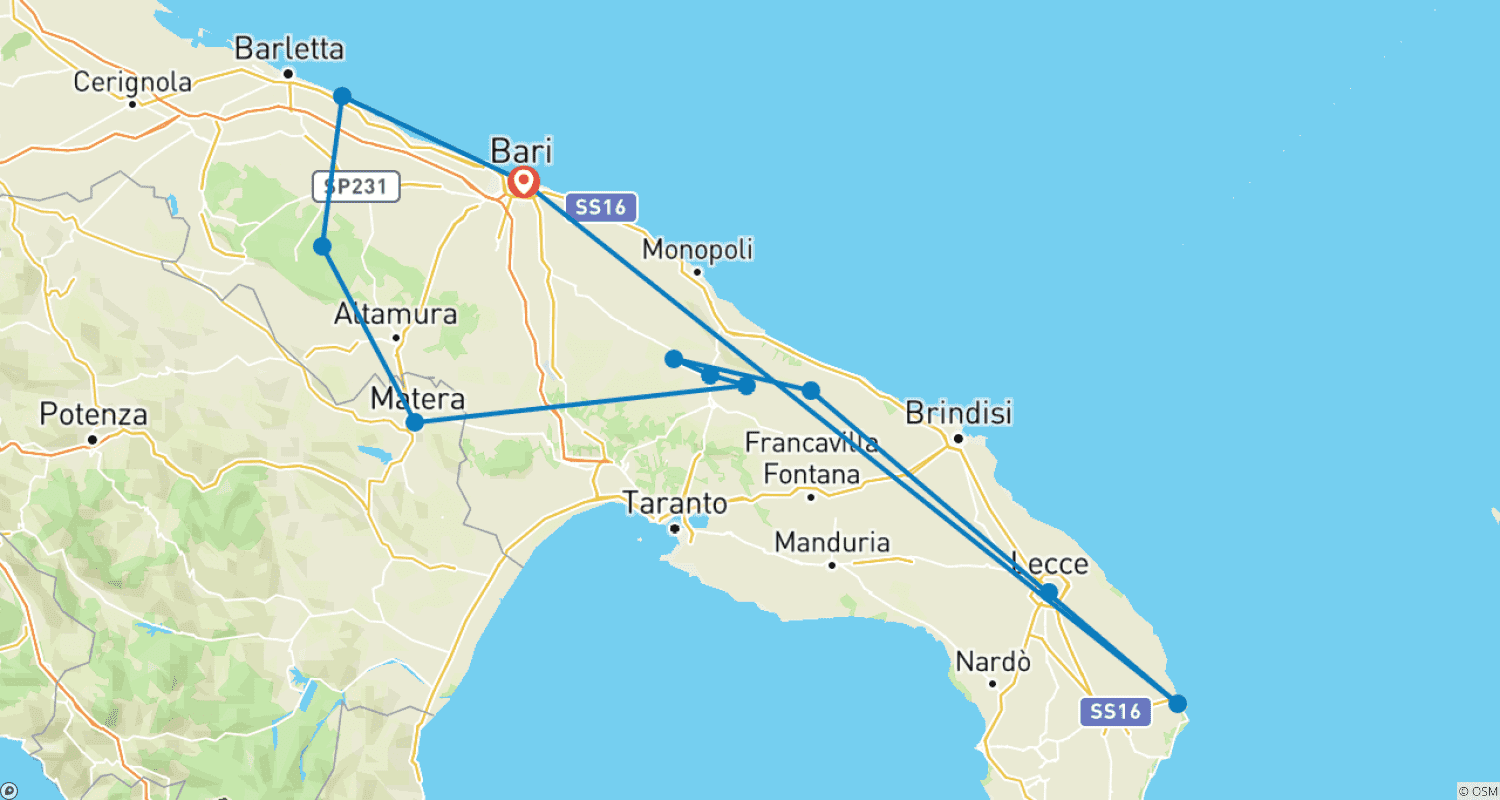 Mapa do percurso de Excursão a Pé e Caminhada por Puglia e Matera
