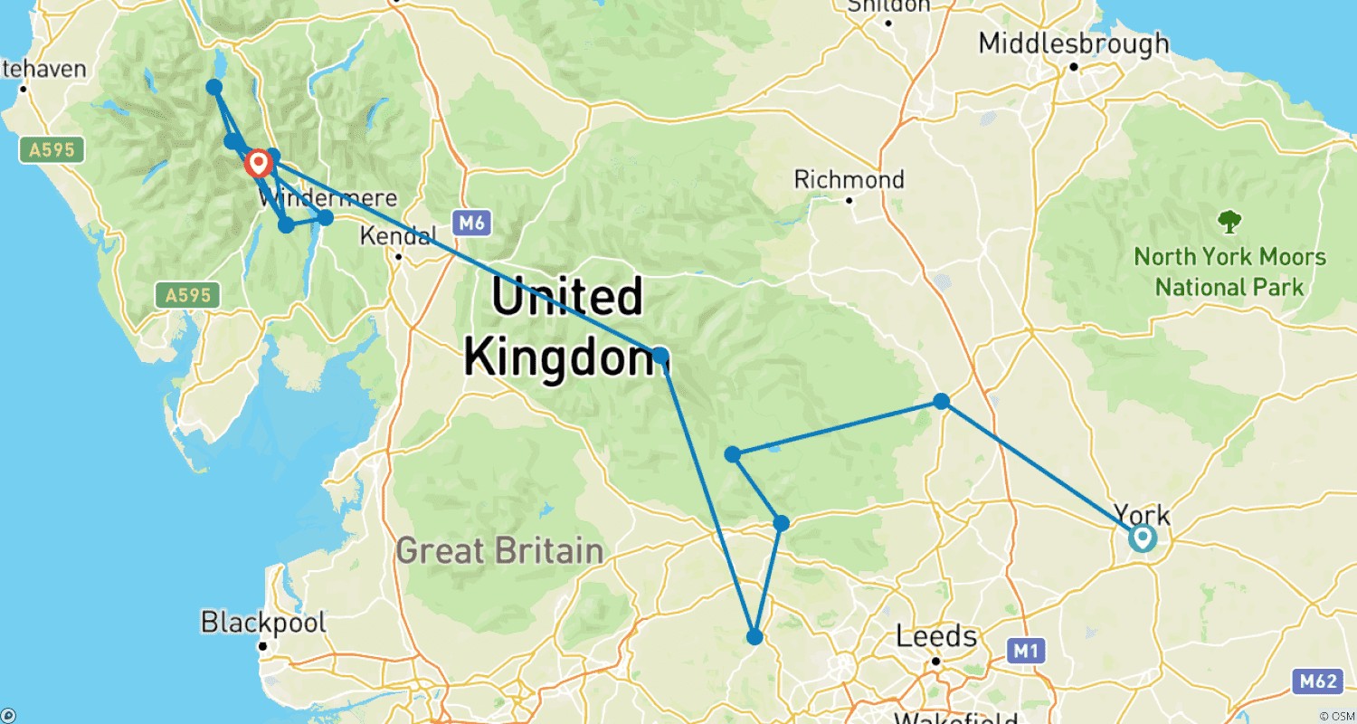 Mapa do percurso de Excursão de Caminhada e Trilhas no Distrito dos Lagos e Yorkshire Dales.