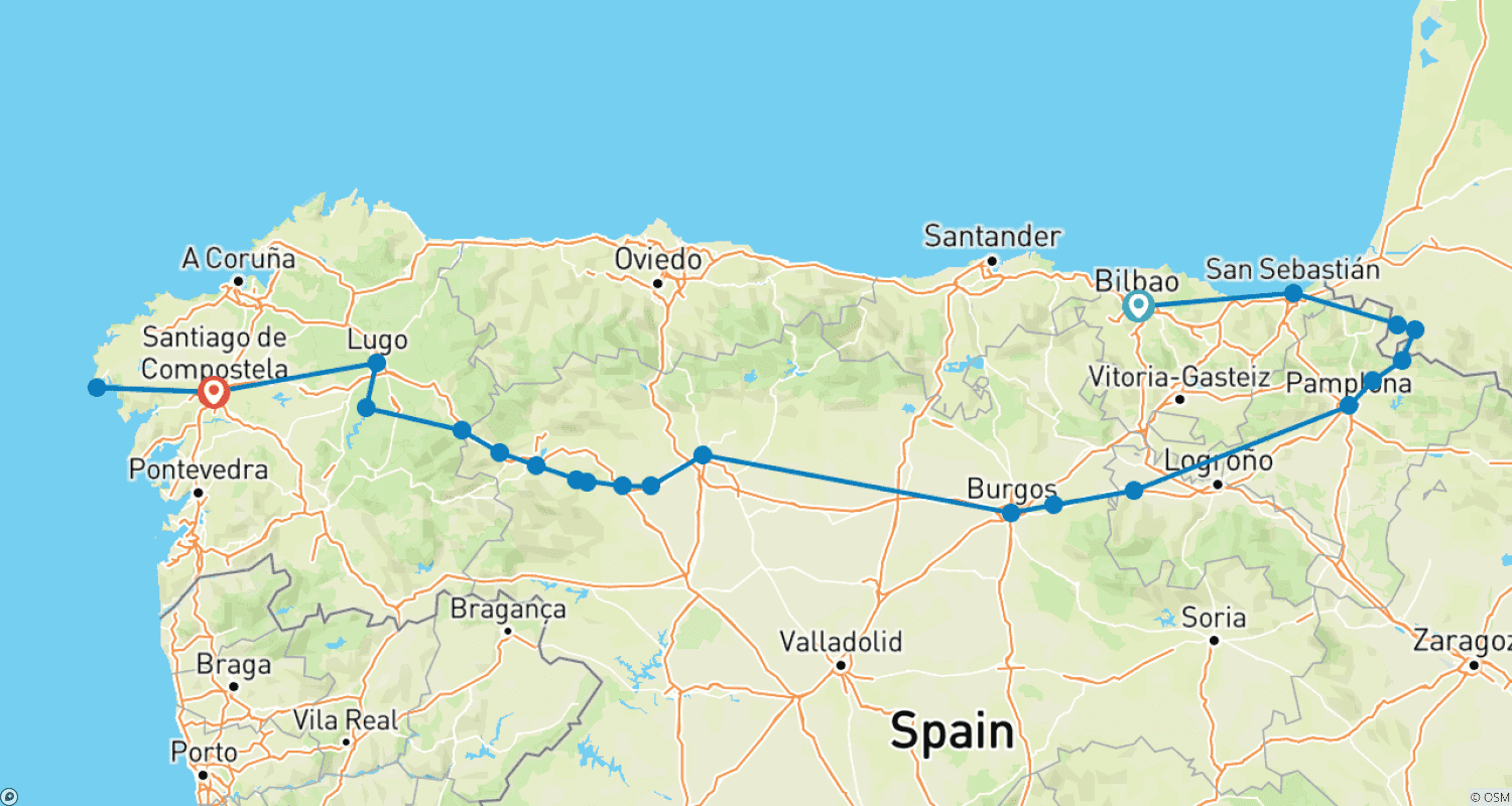 Mapa trasy: Camino de Santiago