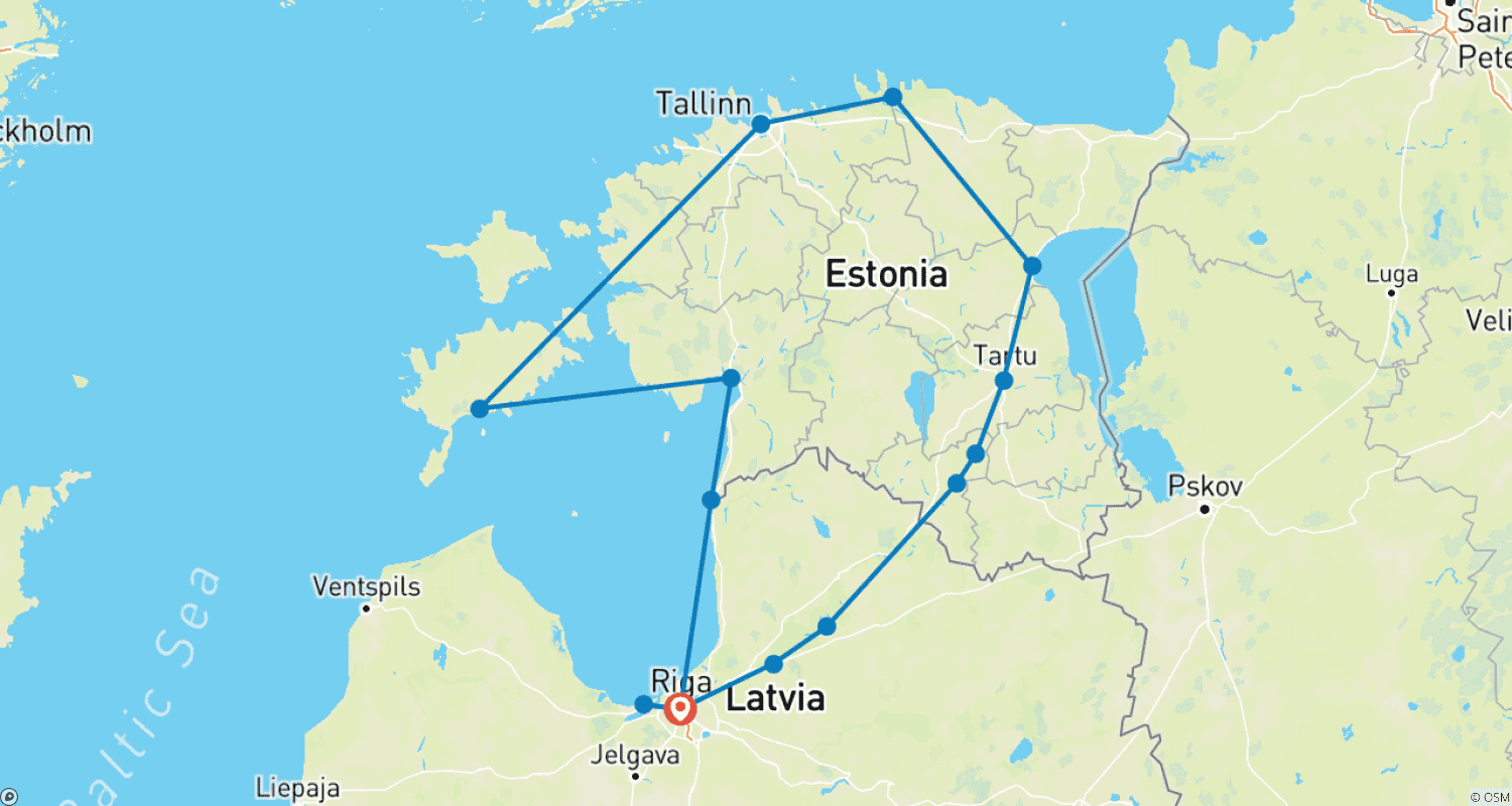 Mapa do percurso de Excursão de bicicleta autoguiada com apoio Baltic Bike na Letônia e Estônia (De Riga)