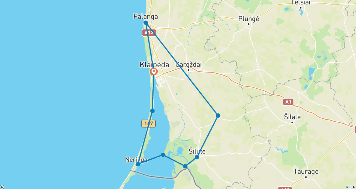 Mapa do percurso de Ciclismo ao longo da Costa Lituana (a partir de Klaipeda)