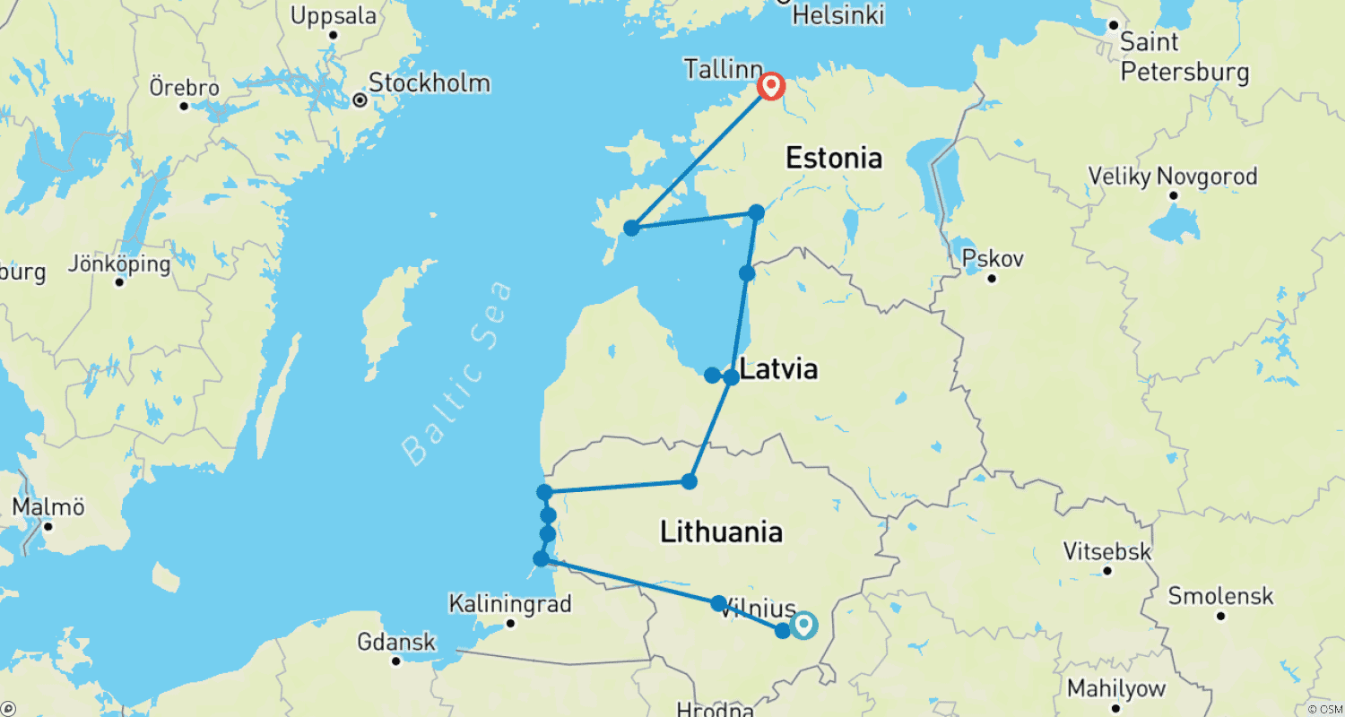 Mapa do percurso de Tour de Bicicleta Báltico: Vilnius a Tallinn (autoguiado com suporte)
