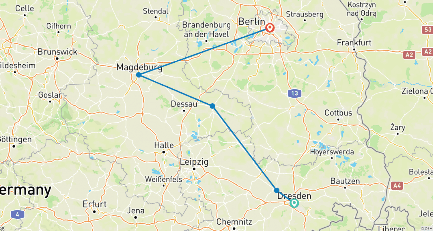 Mapa do percurso de Réveillon no Elba de Dresden a Berlim